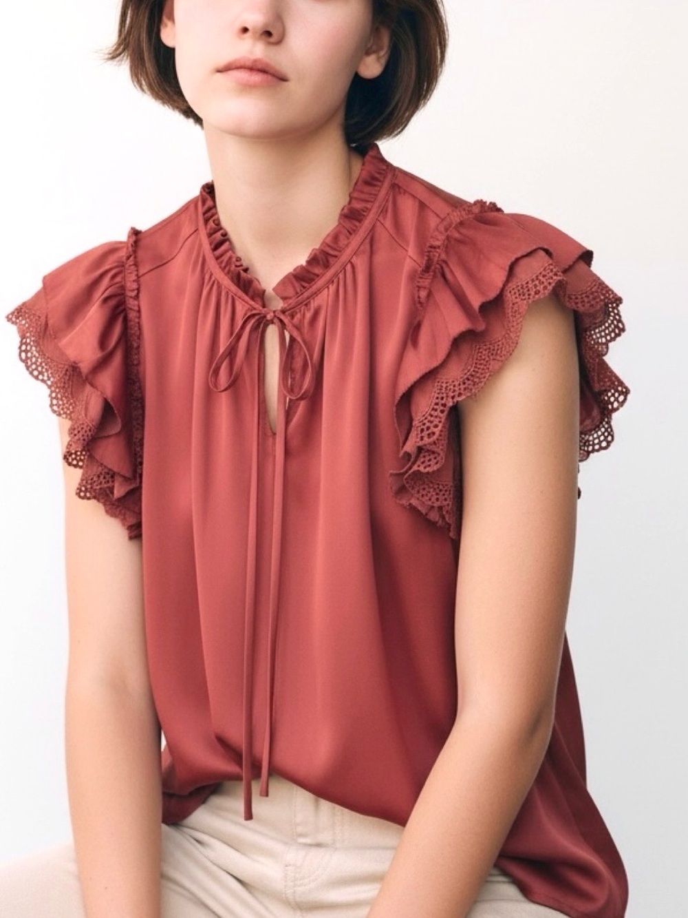Philosophy Satin Blouse Ruffle Cap Sleeve with Eyelet Trim and Tie Split Neck